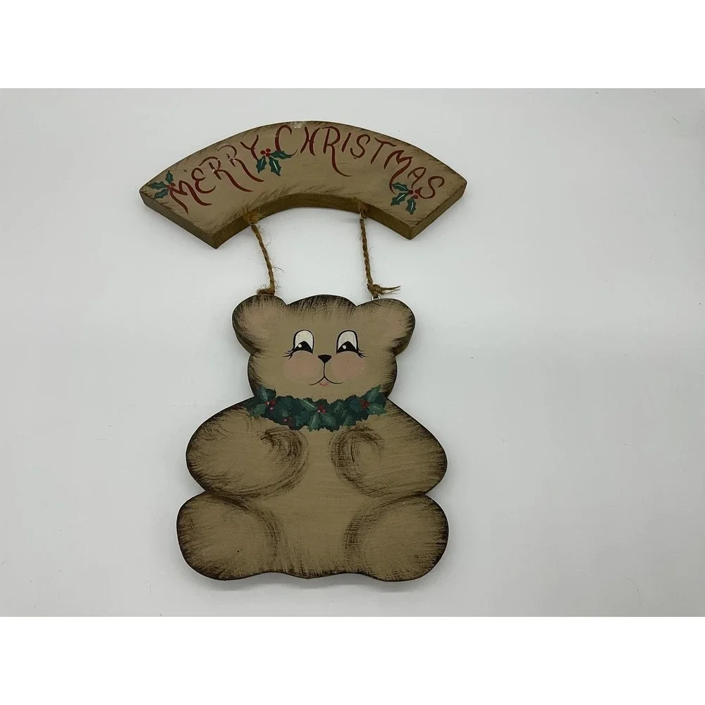 Vintage Handmade Merry Christmas Bear Wood Wall Sign Brown Holiday Decor Plaque